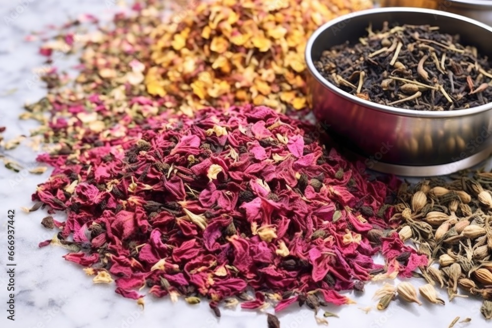 Fototapeta premium dried tea leaves ready for blending on marble surface
