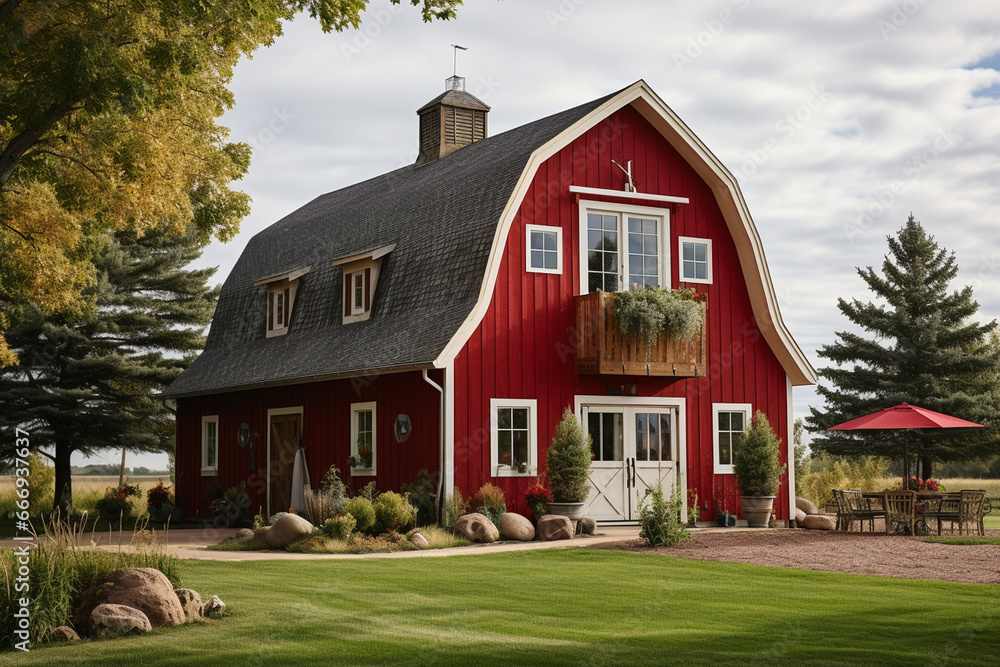 beautifully restored barn with a Gambrel roof, highlighting its rustic ...