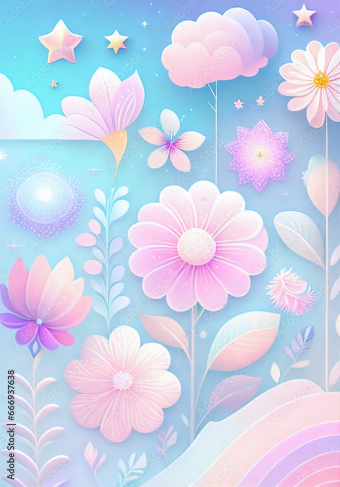 colorful rainbow color flowers fantasy background pastel colors with twinkling stars