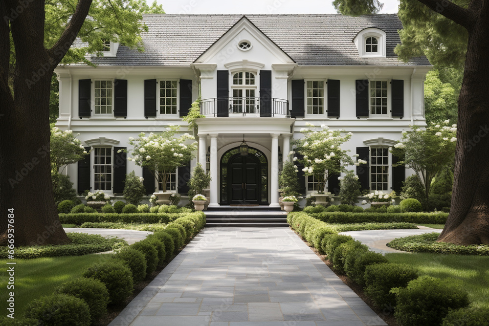 elegant suburban home with a Gambrel roof as the focal point. The photo should emphasize the home's exterior design, including manicured landscaping, windows, and roof details. Pho