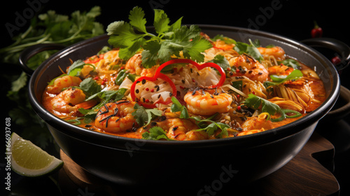 bowl of tom yam on a black background, Thai cuisine, shrimp, coconut milk, hot, spicy, restaurant, cooking, dish, pepper, hot soup, food photo, delicious, national, recipe, plate