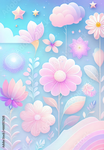 colorful rainbow color flowers fantasy background pastel colors with twinkling stars