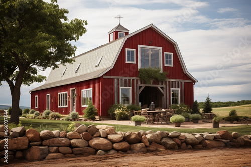 beautifully restored barn with a Gambrel roof, highlighting its rustic charm. The photo should showcase the weathered wood, classic red color, and the architectural allure of this photo