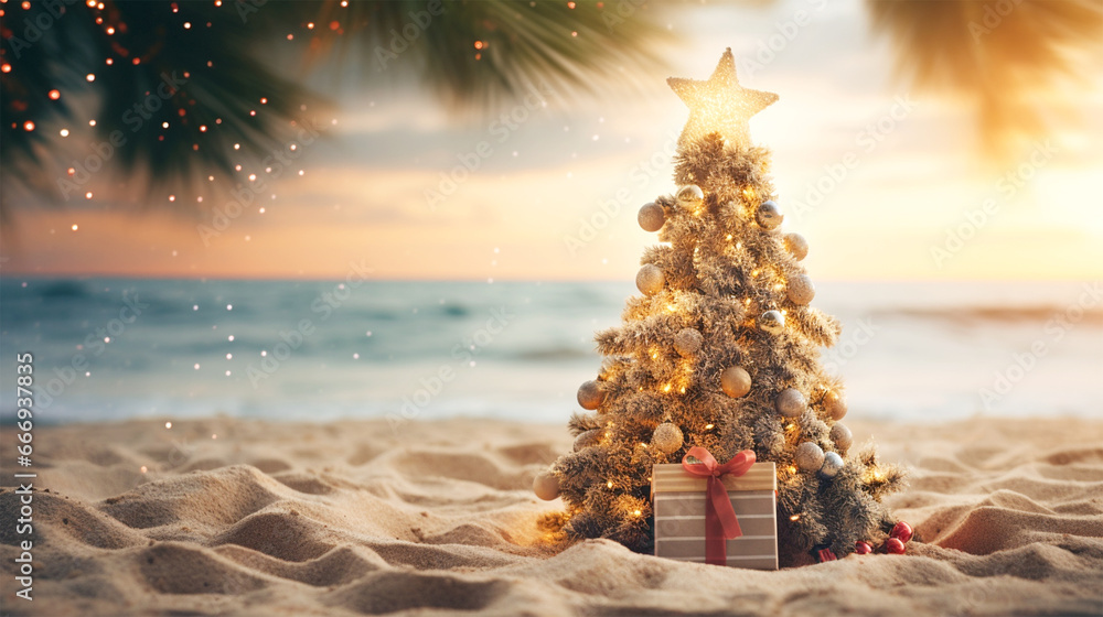 christmas tree on sandy tropical beach - obrazy, fototapety, plakaty 