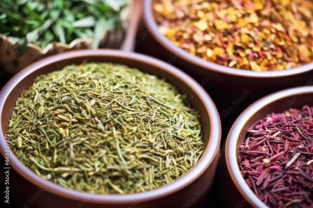 macro shot of assorted tea leaf mix for blending