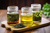 glass jars with green, oolong, and black tea leaves