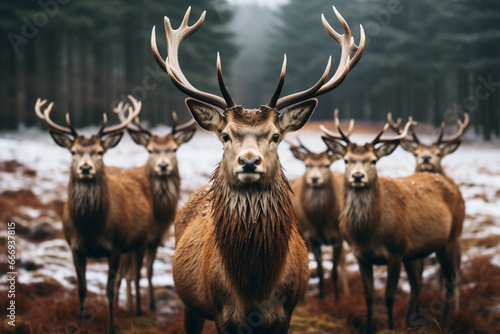 Group of deers looking at the camera in winter, aesthetic look
