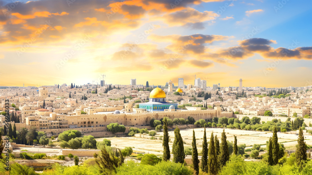 Obraz premium view on Jerusalem and the Temple Mount with the Dome of the Rock