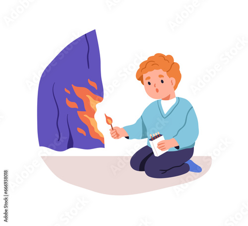 Child playing with fire. Little kid with matches, matchbox. Flame danger, acc...