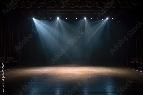 empty theater stage illuminated by spotlights photo