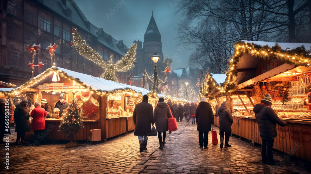Fototapeta premium christmas market with vendors selling holiday treats
