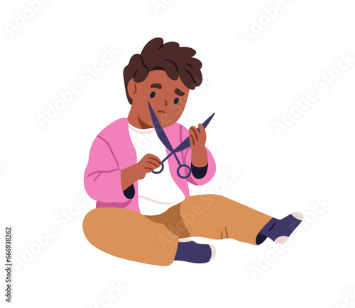 Child playing with scissors. Little black kid with sharp blade in hands. Cut ...