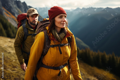 Happy young couple of tourists against the backdrop of stunning mountain landscape. Cheerful hikers in modern bright outfits with backpacks walking along mountain path. Active sports and travel. © Georgii