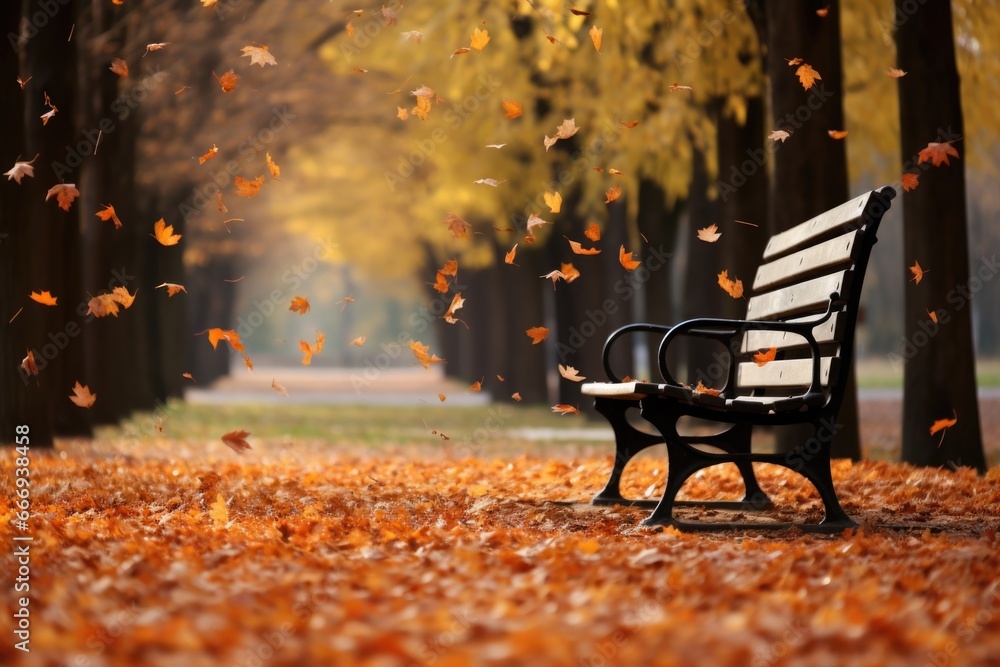 falling autumn leaves on an empty park bench