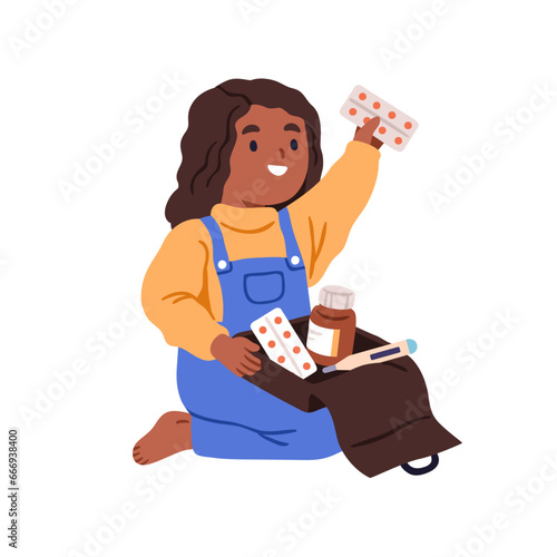 Child playing with pills, medical drugs. Kid in danger, hazard risks, insecure situation. Little girl with unsafe medicines in first aid kit. Flat vector illustration isolated on white background
