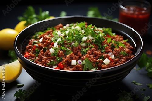 A bowl of Laab, a minced meat salad with herbs and spices