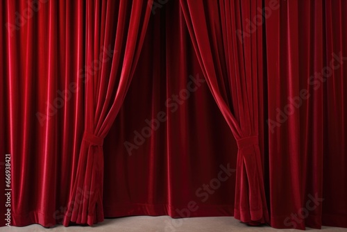 still shot of an opened red velvet curtain
