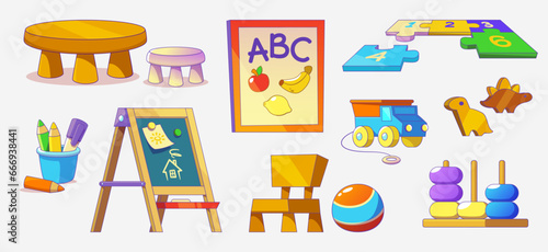Kindergarten room interior set with toy for kid. Nursery or classroom element collection. Child playroom and education activity furniture ui icon. 2d daycare playschool drawing for toddler childhood