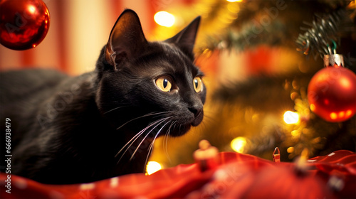 cat playing with a toy on Christmas tree