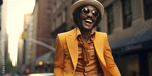 studio portrait of happy black man, 1970s fashion photo