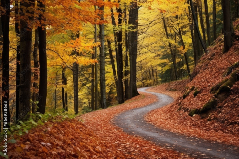 crunchy autumn leaves covering a winding path in a forest
