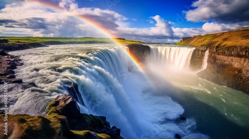A radiant rainbow over a majestic waterfall