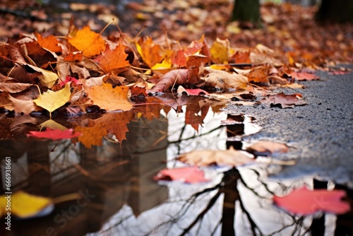 a puddle reflecting the vibrant colors of fall leaves