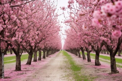 an orchard blooming with pink cherry blossoms during spring