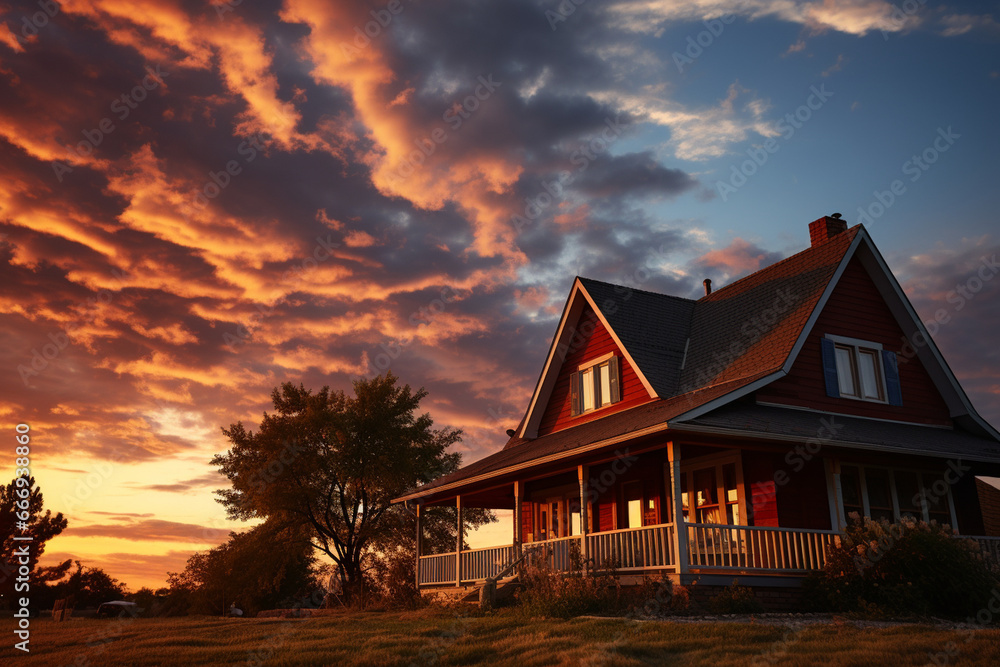 captivating photo of a house with a picturesque gable roof at sunset, showcasing the silhouette of the roofline against a warm, colorful sky. Photo captivating photo of a house with a picturesque gable roof at sunset, showcasing the silhouette of the roofline against a warm, colorful sky. Photo