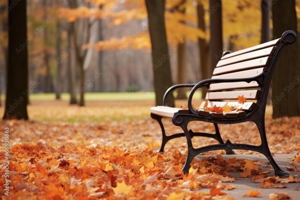 falling autumn leaves on an empty park bench