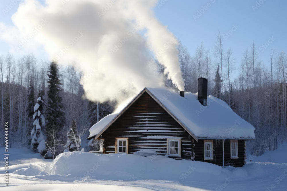 a snow-covered cabin with smoke rising from the chimney a snow-covered cabin with smoke rising from the chimney