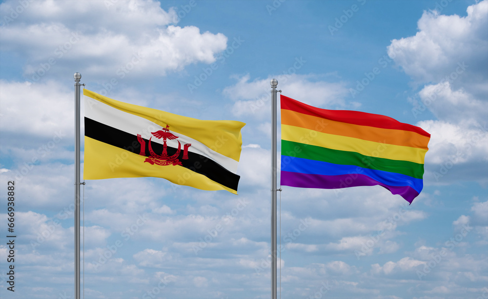 Gay Pride and Brunei flags, country relationship concept Gay Pride and Brunei flags, country relationship concept