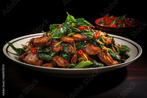 A plate of Pad Kra Pao Moo 