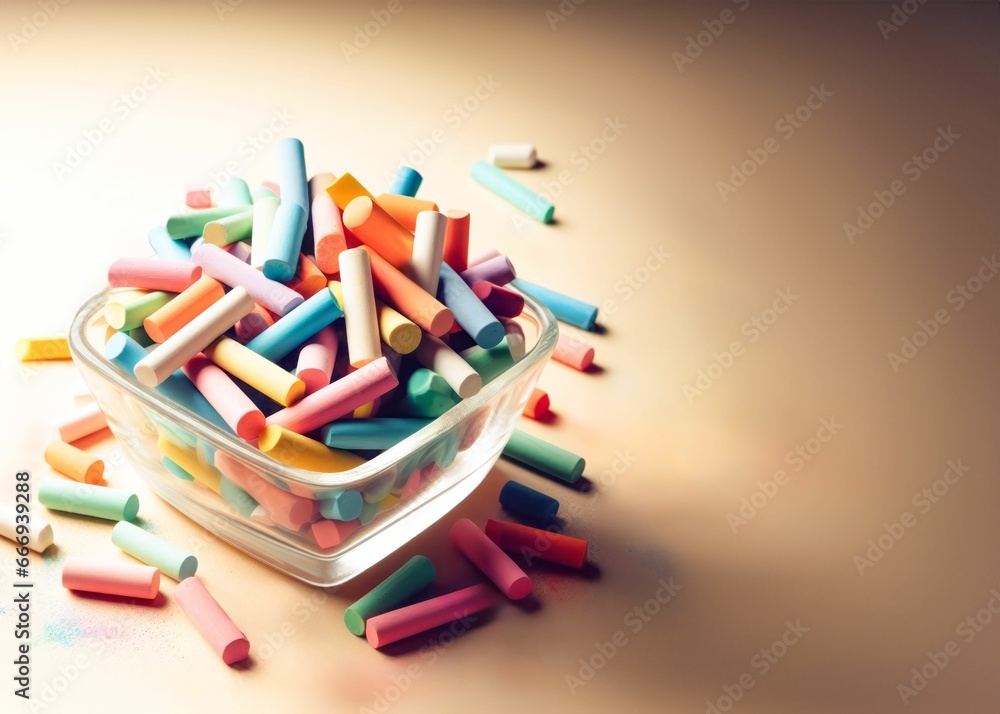 AI generated illustration of a rectangular clear box with brightly colored chalk sticks - obrazy, fototapety, plakaty 