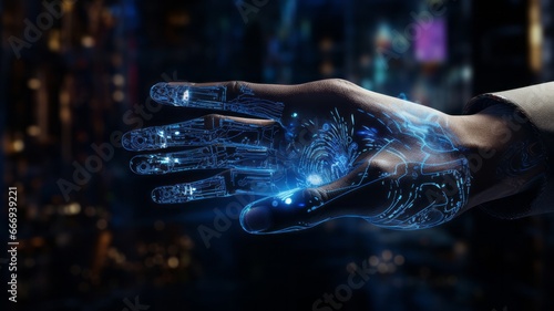 Futuristic abstract image of human hand touching an information digital environment. Hand permeated with digital impulses, in contact with virtual technologies. AI, metaverse, digitalization concept.