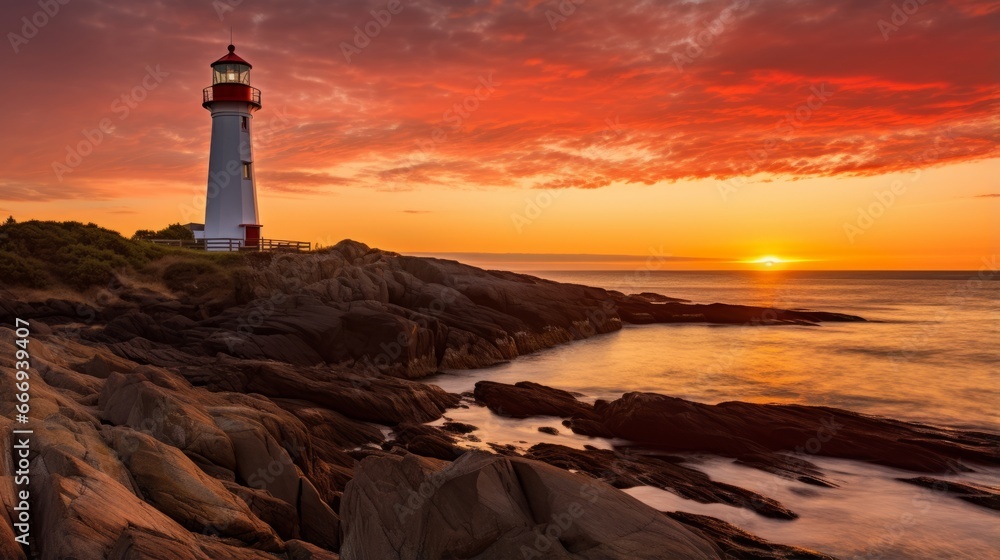 A picturesque coastal lighthouse at sunset