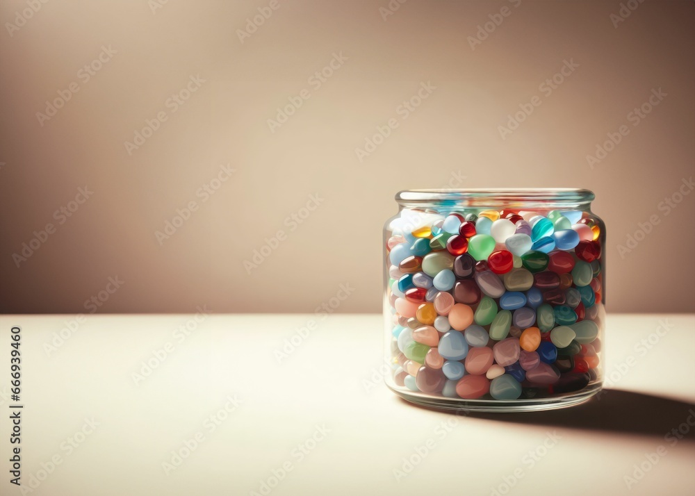 AI generated illustration of a glass container filled with vibrant, multicolored sea glass AI generated illustration of a glass container filled with vibrant, multicolored sea glass