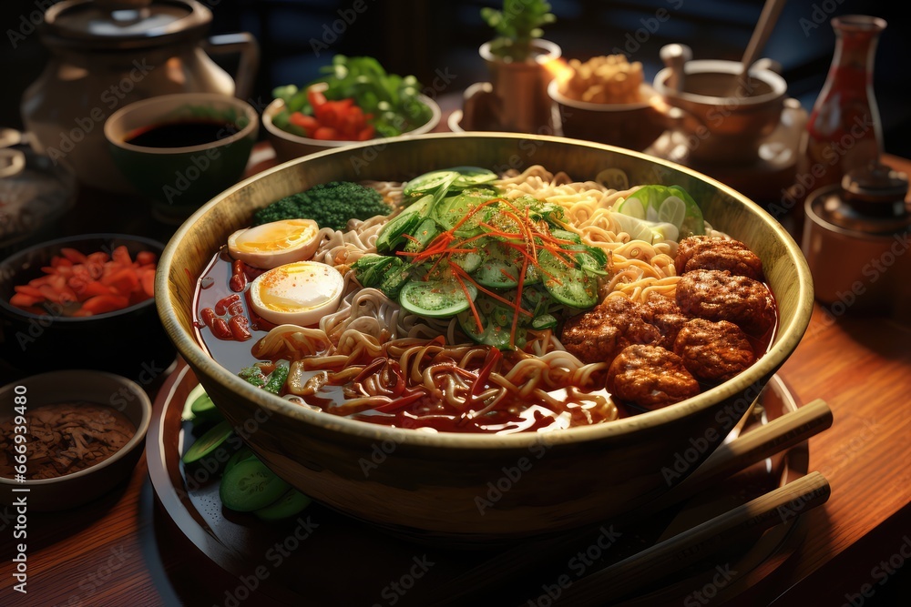 A bowl of Boat Noodles, a noodle soup with various types of noodles, broth, and toppings, such as beef, pork, or meatballs A bowl of Boat Noodles, a noodle soup with various types of noodles, broth, and toppings, such as beef, pork, or meatballs