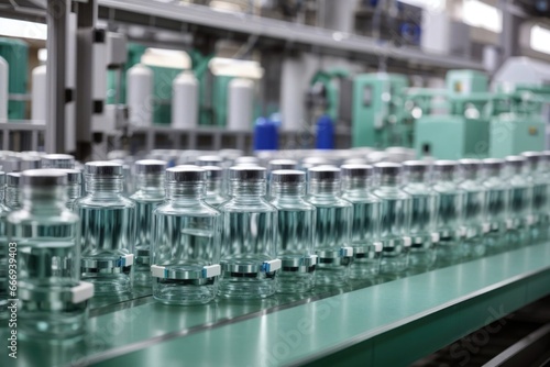 A pharmaceutical factory’s production line shows medical vials being manufactured and filled with medicine. A pharmaceutical machine is shown working on the production line, filling glass bottles with