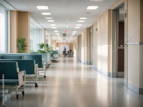 In a hospital hallway, with the reception clinic in view, the background remains intentionally unfocused, creating an atmosphere of bustling activity and medical care.