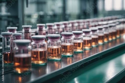 A pharmaceutical factory’s production line shows medical vials being manufactured and filled with medicine. A pharmaceutical machine is shown working on the production line, filling glass bottles