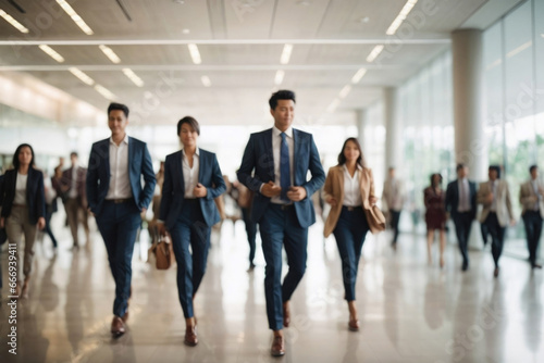 A vivid office lobby is animated by a long exposure photograph, showcasing a blur of movement as a crowd of business people swiftly traverse through the space.