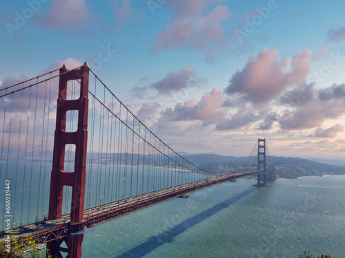 Golden Gate Bridge with Pink Clouds in the Sky near Sunset