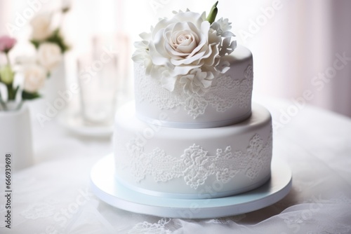 a beautiful wedding cake with decorative icing