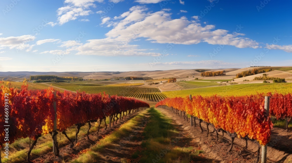 A panoramic view of a vineyard in the autumn harvest
