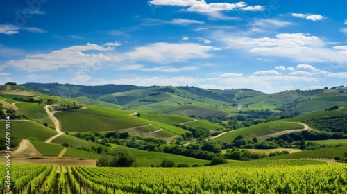 A panoramic view of rolling hills covered in vineyards