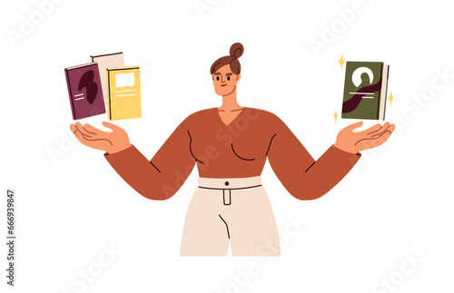 Woman recommending to read, reviewing books. Girl reader, bookworm holding favorite novels. Female author, writer presenting paper literature. Flat vector illustration isolated on white background