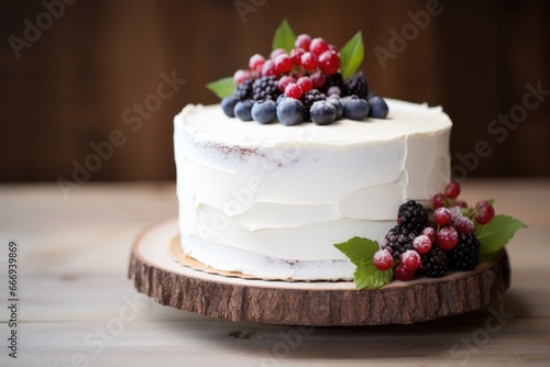 a single-tiered rustic iced cake topped with fresh berries