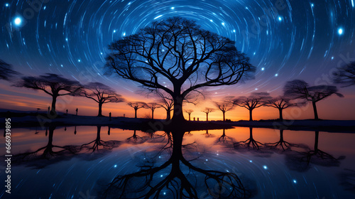 Night sky dancing with overexposed lights of stars with african trees in front standing as silhouettes with beautiful reflections in water photo