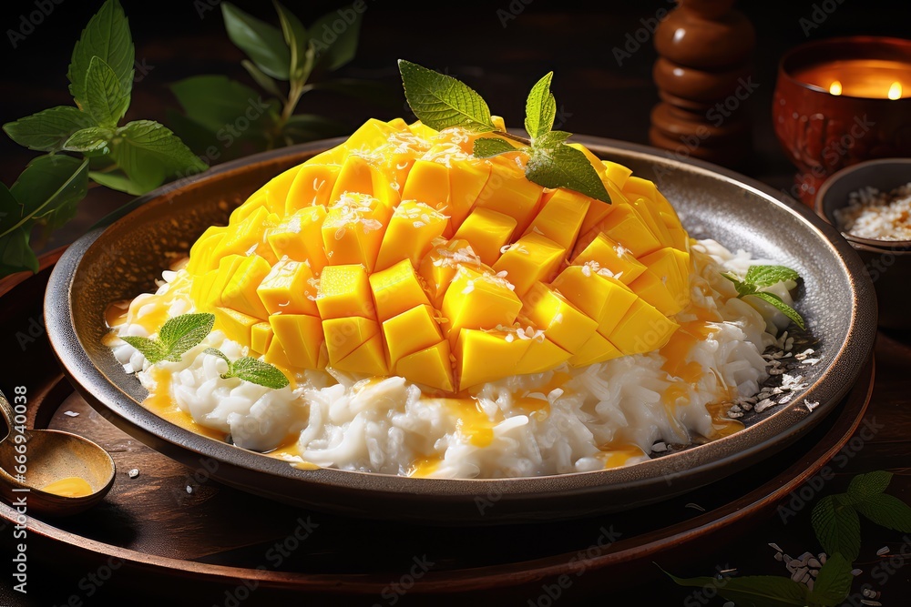 A plate of mango sticky rice with a drizzle of coconut milk A plate of mango sticky rice with a drizzle of coconut milk
